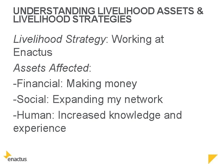 UNDERSTANDING LIVELIHOOD ASSETS & LIVELIHOOD STRATEGIES Livelihood Strategy: Working at Enactus Assets Affected: -Financial: