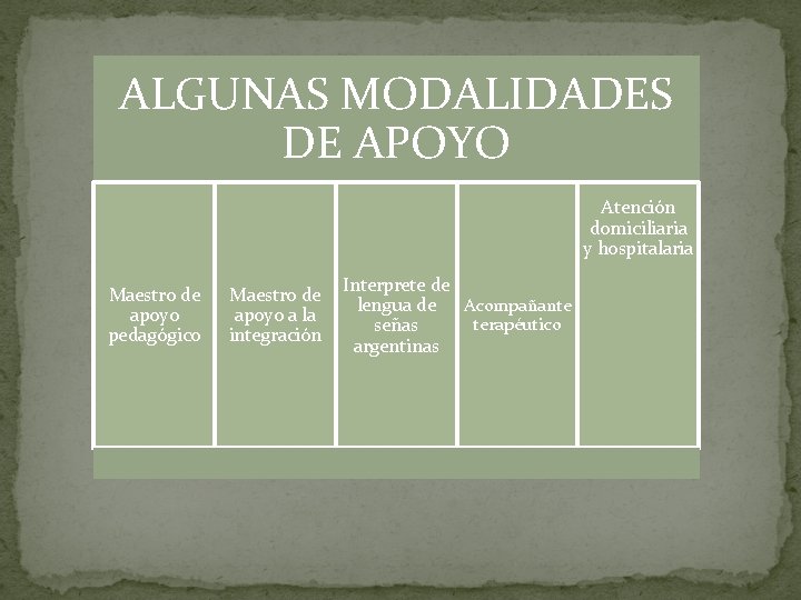 ALGUNAS MODALIDADES DE APOYO Atención domiciliaria y hospitalaria Maestro de apoyo pedagógico Maestro de