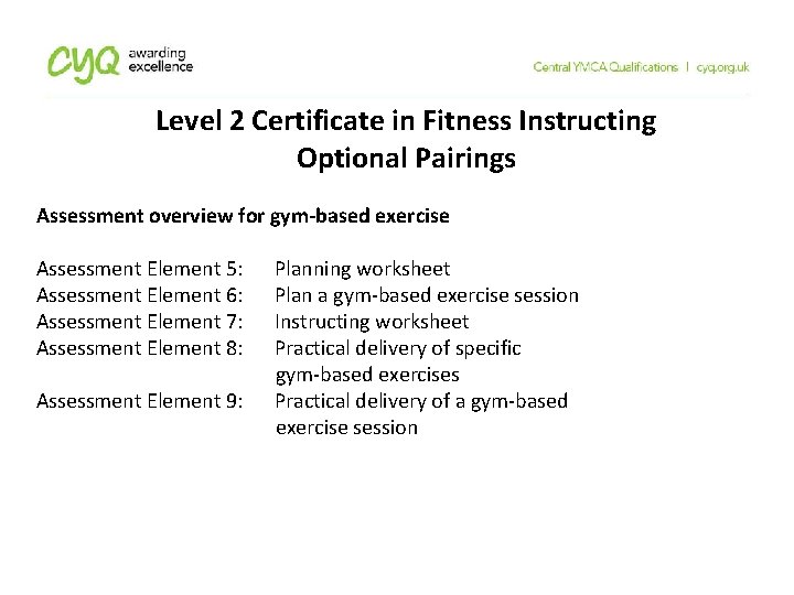 Level 2 Certificate in Fitness Instructing Optional Pairings Assessment overview for gym-based exercise Assessment