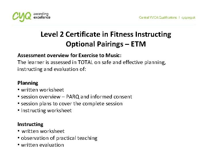 Level 2 Certificate in Fitness Instructing Optional Pairings – ETM Assessment overview for Exercise