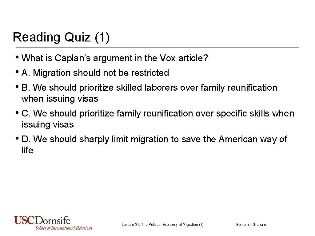 Reading Quiz (1) • What is Caplan’s argument in the Vox article? • A. Reading Quiz (1) • What is Caplan’s argument in the Vox article? • A.