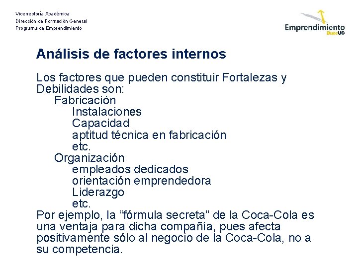 Vicerrectoría Académica Dirección de Formación General Programa de Emprendimiento Análisis de factores internos Los
