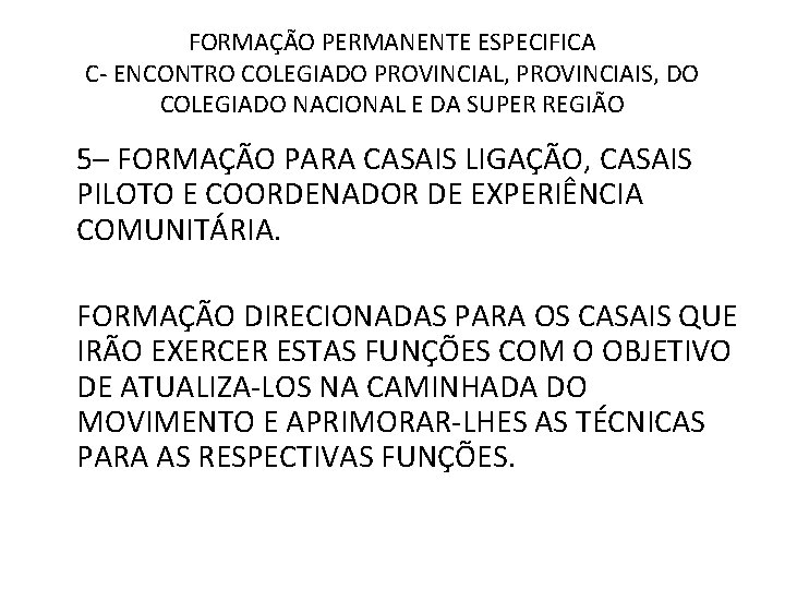 FORMAÇÃO PERMANENTE ESPECIFICA C- ENCONTRO COLEGIADO PROVINCIAL, PROVINCIAIS, DO COLEGIADO NACIONAL E DA SUPER