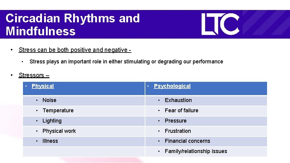 Circadian Rhythms and Mindfulness • Stress can be both positive and negative • Stress