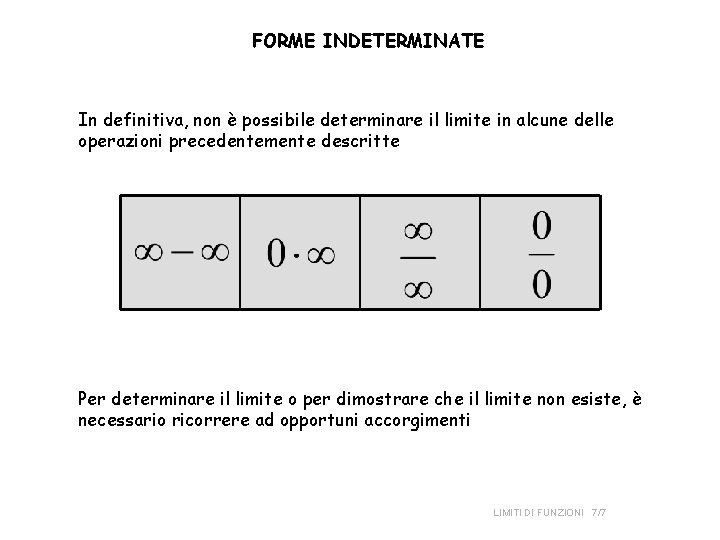 FORME INDETERMINATE In definitiva, non è possibile determinare il limite in alcune delle operazioni