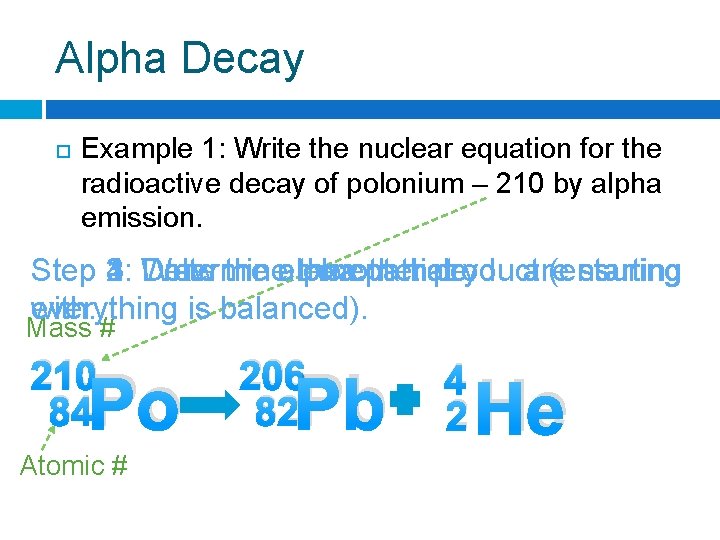 Alpha Decay Example 1: Write the nuclear equation for the radioactive decay of polonium