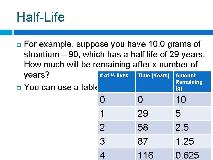 Half-Life For example, suppose you have 10. 0 grams of strontium – 90, which