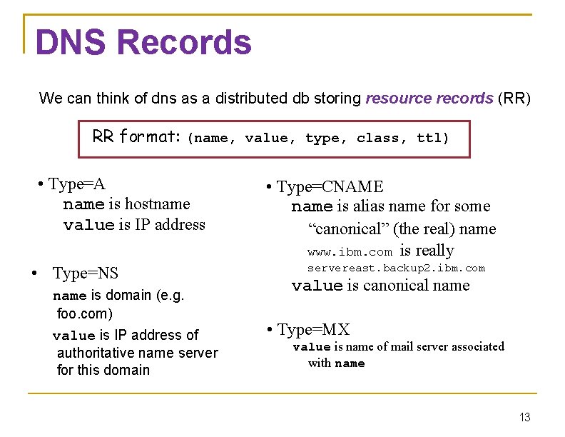DNS Records We can think of dns as a distributed db storing resource records