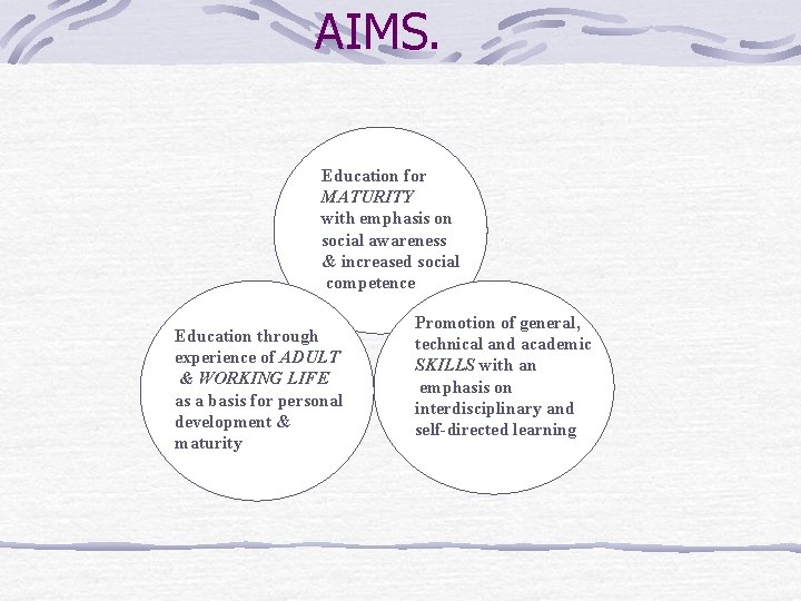 AIMS. Education for MATURITY with emphasis on social awareness & increased social competence Education