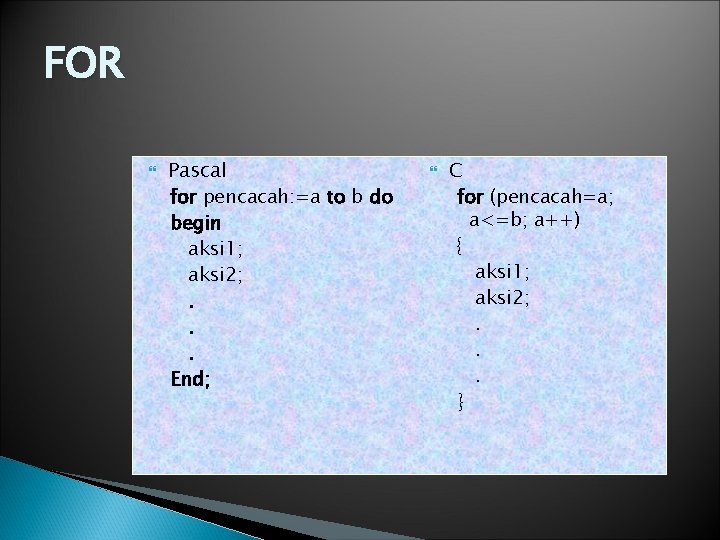 FOR Pascal for pencacah: =a to b do begin aksi 1; aksi 2; .