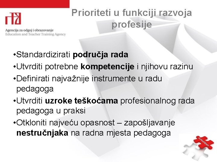 Prioriteti u funkciji razvoja profesije • Standardizirati područja rada • Utvrditi potrebne kompetencije i