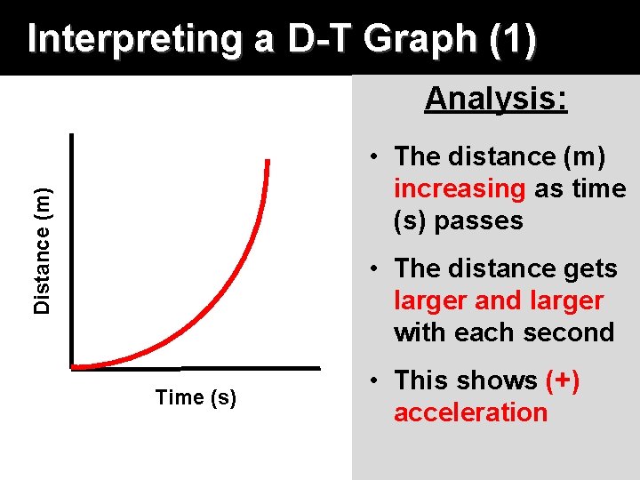 Interpreting a D-T Graph (1) Analysis: Distance (m) • The distance (m) increasing as