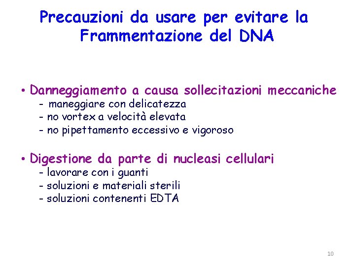 Precauzioni da usare per evitare la Frammentazione del DNA • Danneggiamento a causa sollecitazioni