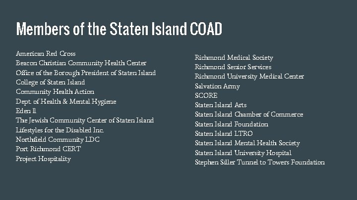 Members of the Staten Island COAD American Red Cross Beacon Christian Community Health Center