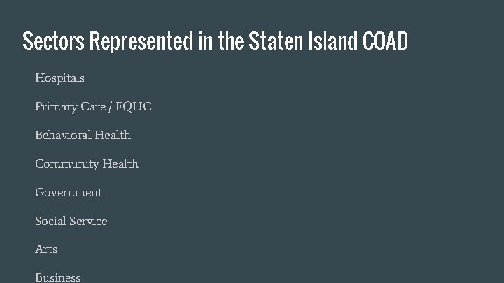 Sectors Represented in the Staten Island COAD Hospitals Primary Care / FQHC Behavioral Health