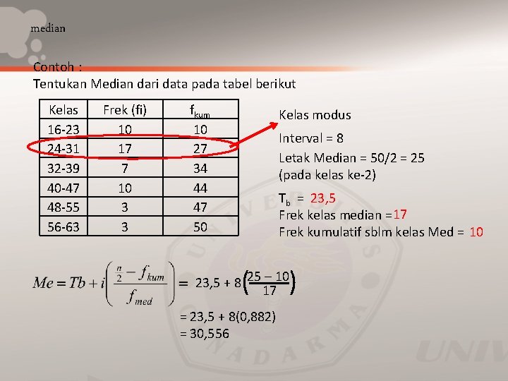 median Contoh : Tentukan Median dari data pada tabel berikut Kelas 16 -23 24