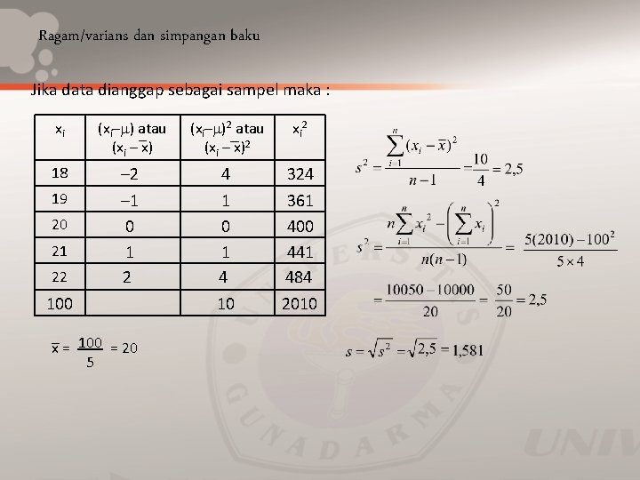 Ragam/varians dan simpangan baku Jika data dianggap sebagai sampel maka : xi (xi– )