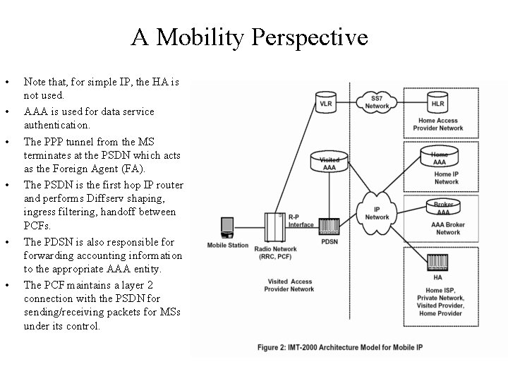 A Mobility Perspective • • • Note that, for simple IP, the HA is