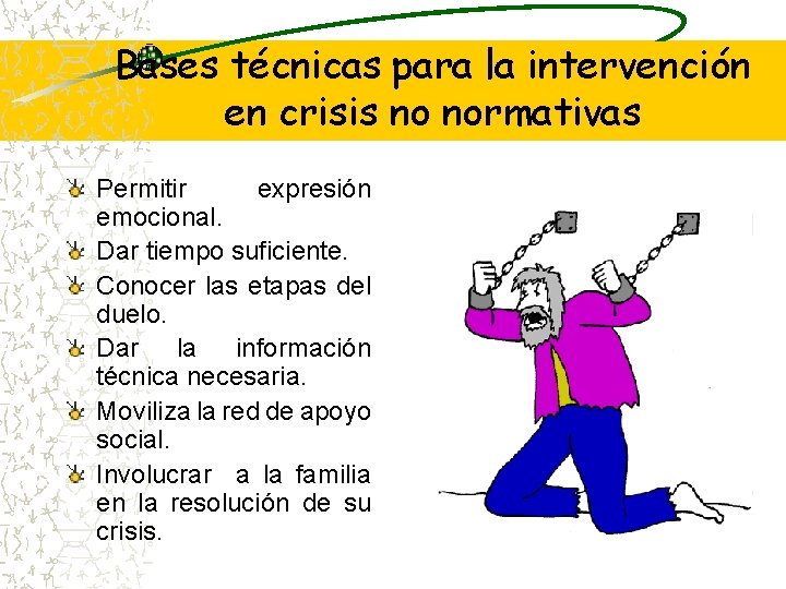 Bases técnicas para la intervención en crisis no normativas Permitir expresión emocional. Dar tiempo