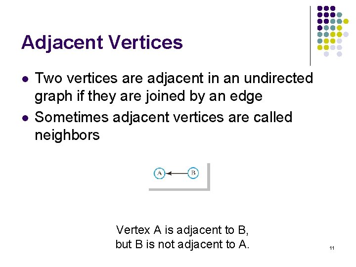 Adjacent Vertices l l Two vertices are adjacent in an undirected graph if they