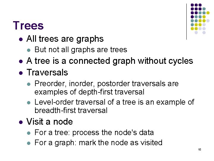 Trees l All trees are graphs l l l A tree is a connected