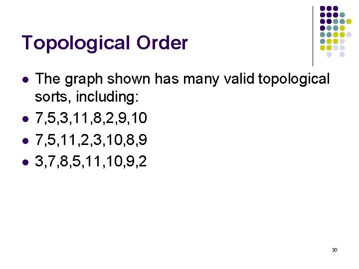 Topological Order l l The graph shown has many valid topological sorts, including: 7,