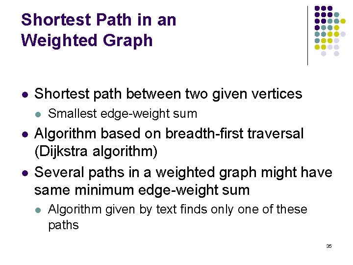 Shortest Path in an Weighted Graph l Shortest path between two given vertices l