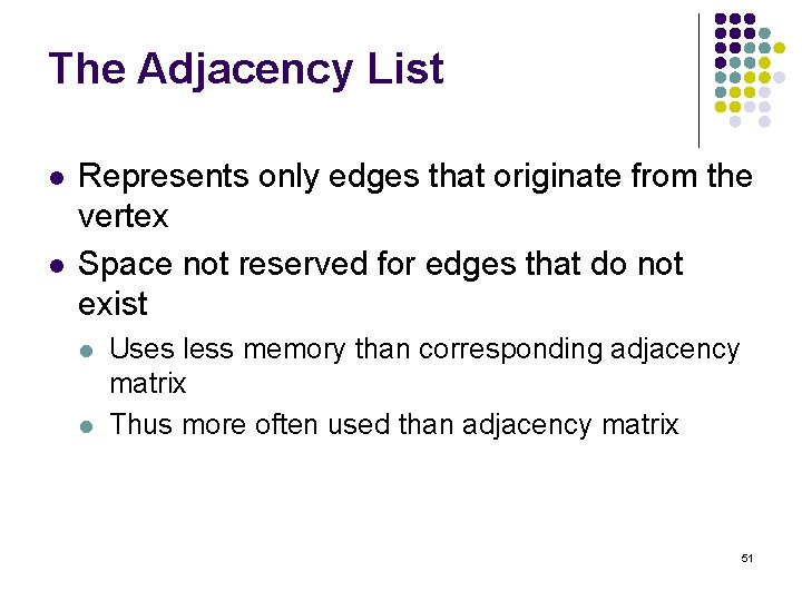 The Adjacency List l l Represents only edges that originate from the vertex Space