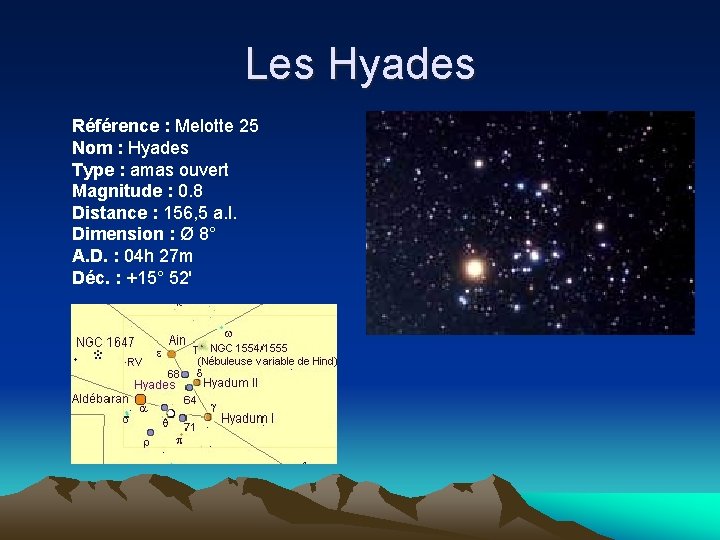 Les Hyades Référence : Melotte 25 Nom : Hyades Type : amas ouvert Magnitude