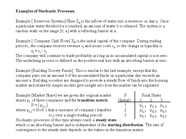 Examples of Stochastic Processes. Example [ Reservoir Systems] Here Zn is the inflow of