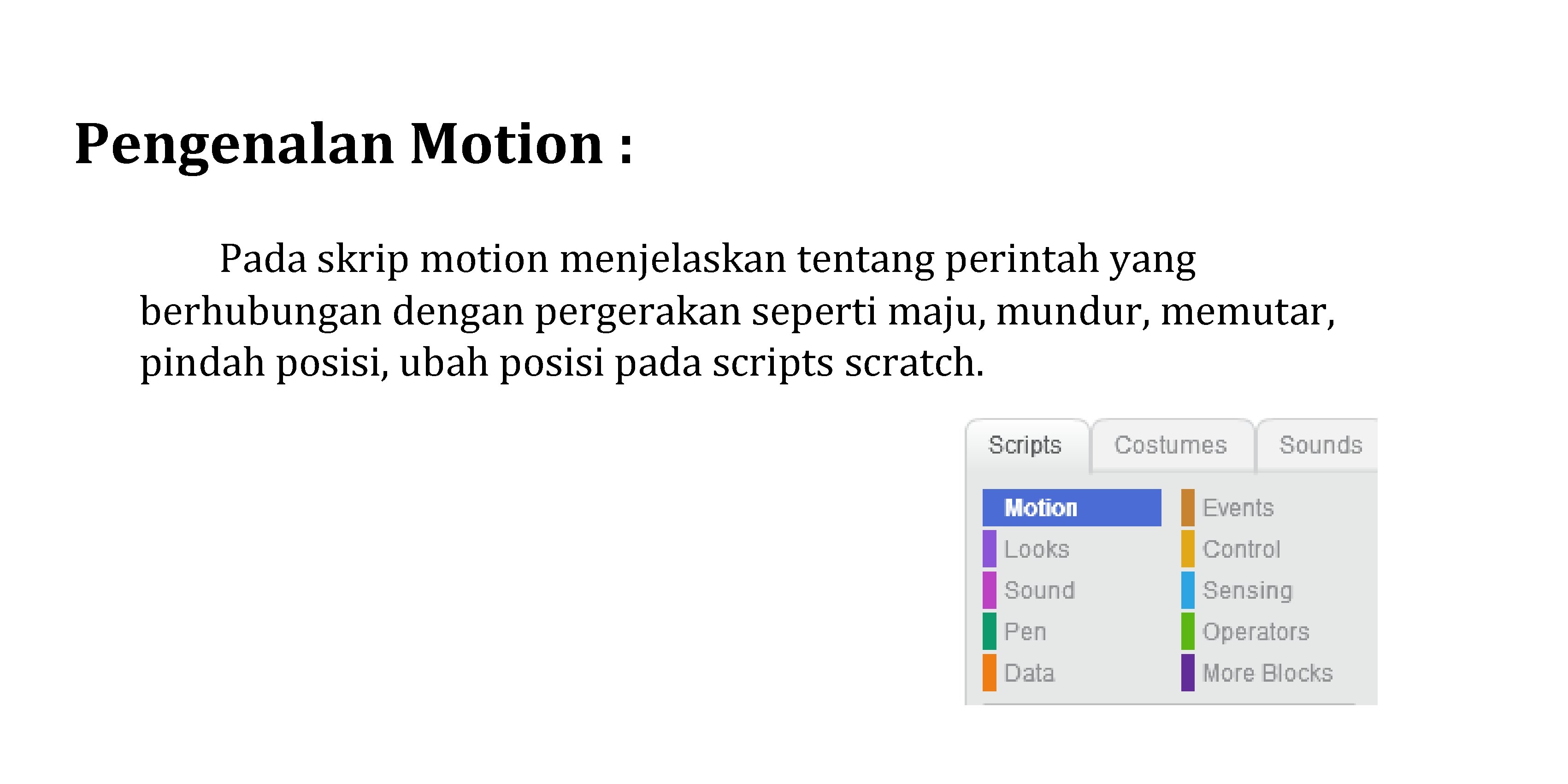 Pengenalan Motion : Pada skrip motion menjelaskan tentang perintah yang berhubungan dengan pergerakan seperti