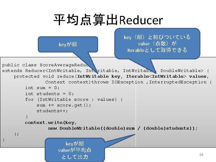 平均点算出Reducer keyが組 key（組）と結びついている value（点数）が Iterableとして取得できる public class Score. Average. Reducer extends Reducer<Int. Writable, Double.