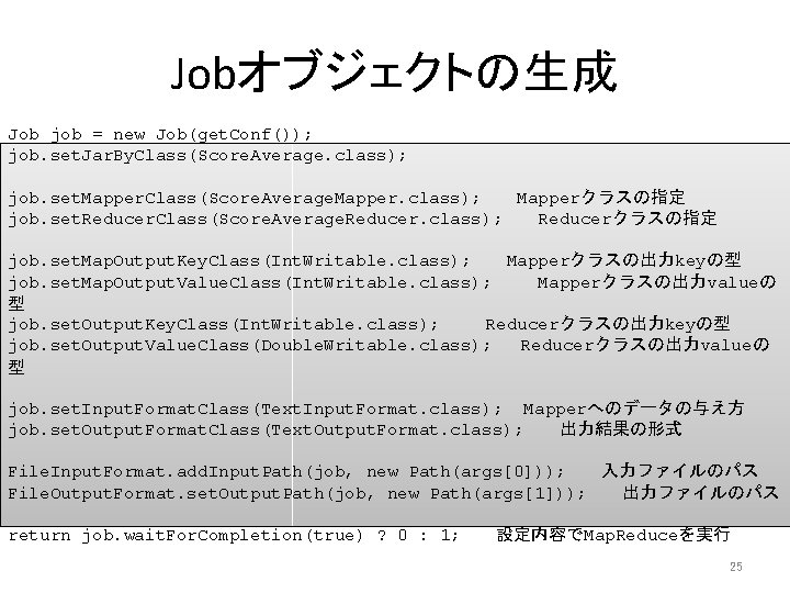 Jobオブジェクトの生成 Job job = new Job(get. Conf()); job. set. Jar. By. Class(Score. Average. class);