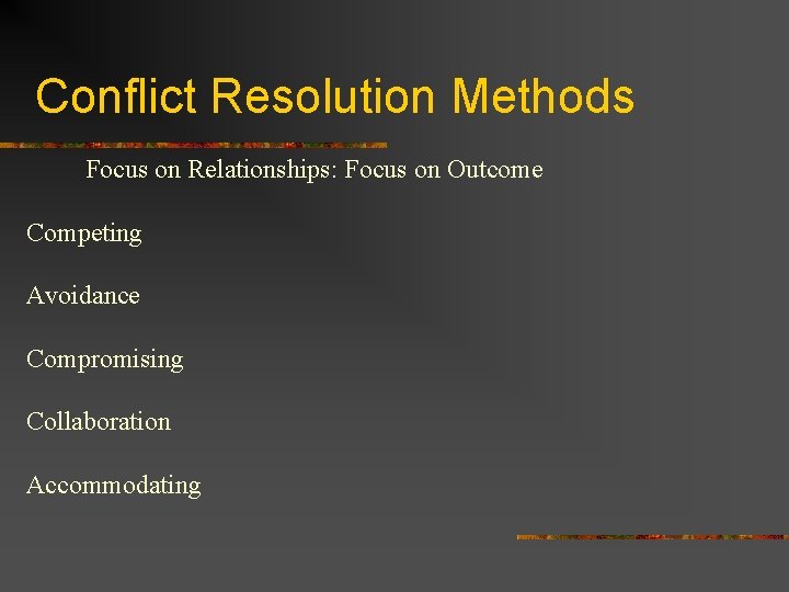 Conflict Resolution Methods Focus on Relationships: Focus on Outcome Competing Avoidance Compromising Collaboration Accommodating