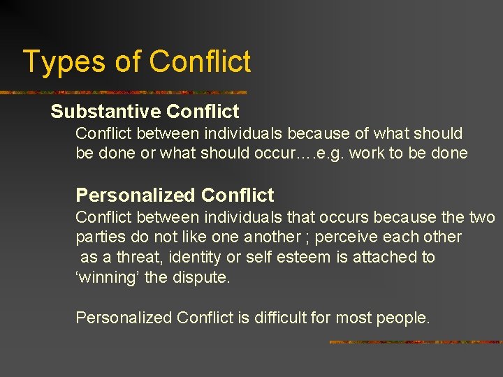 Types of Conflict Substantive Conflict between individuals because of what should be done or