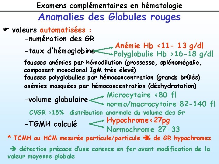 Examens complémentaires en hématologie Anomalies des Globules rouges F valeurs automatisées : -numération des Examens complémentaires en hématologie Anomalies des Globules rouges F valeurs automatisées : -numération des