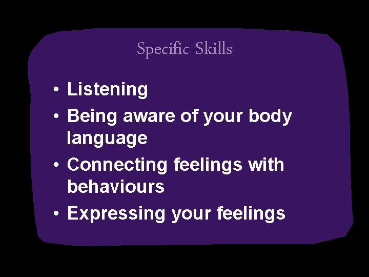 Specific Skills • Listening • Being aware of your body language • Connecting feelings