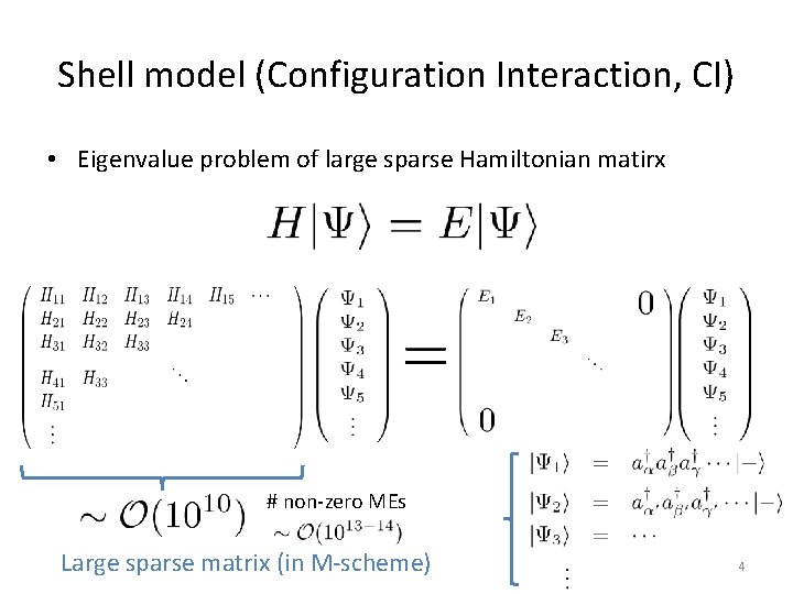 Shell model (Configuration Interaction, CI) • Eigenvalue problem of large sparse Hamiltonian matirx #