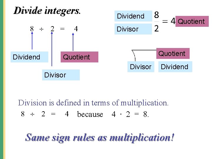 Divide integers. Dividend Quotient Divisor Dividend Divisor Division is defined in terms of multiplication.