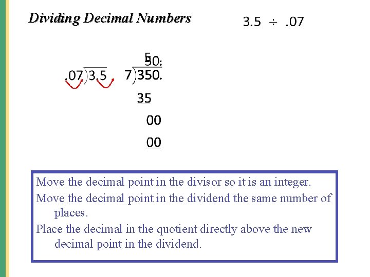 Dividing Decimal Numbers Move the decimal point in the divisor so it is an