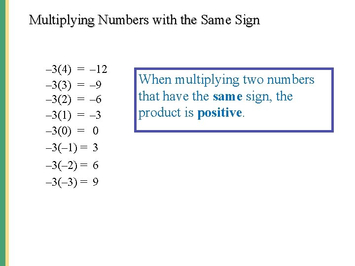 Multiplying Numbers with the Same Sign – 3(4) = – 12 – 3(3) =
