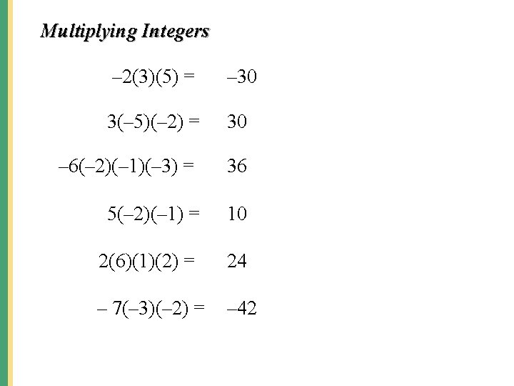 Multiplying Integers – 2(3)(5) = – 30 3(– 5)(– 2) = 30 – 6(–
