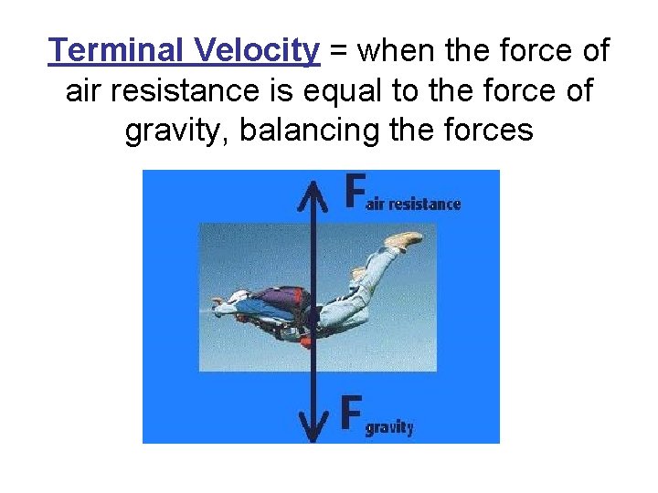 Terminal Velocity = when the force of air resistance is equal to the force Terminal Velocity = when the force of air resistance is equal to the force