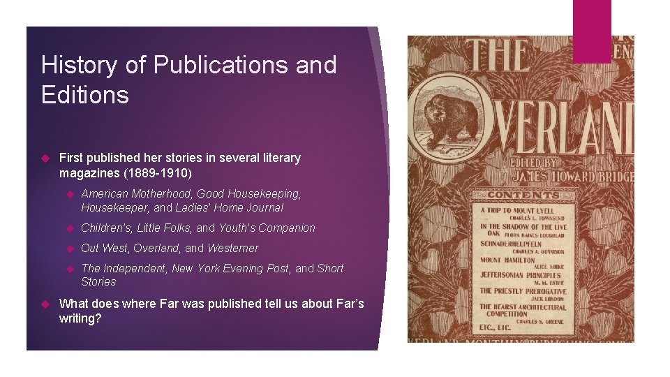 History of Publications and Editions First published her stories in several literary magazines (1889