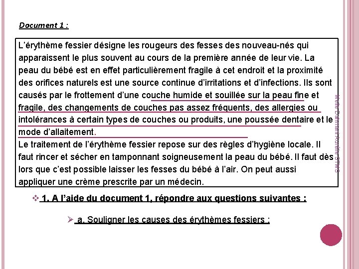 Document 1 : Melle Dahmani Aurélie STMS L’érythème fessier désigne les rougeurs des fesses