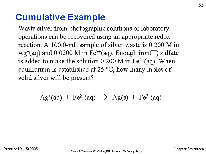 55 Cumulative Example Waste silver from photographic solutions or laboratory operations can be recovered