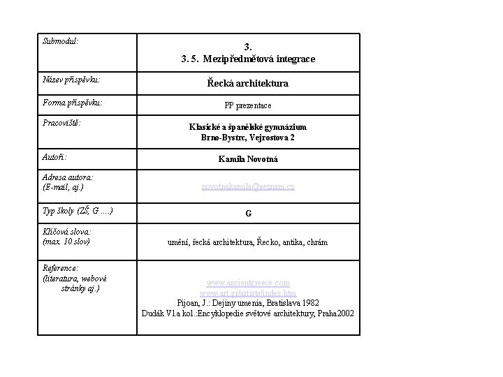 Submodul: 3. 3. 5. Mezipředmětová integrace Název příspěvku: Řecká architektura Forma příspěvku: PP prezentace