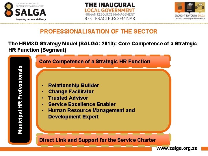 PROFESSIONALISATION OF THE SECTOR The HRM&D Strategy Model (SALGA: 2013): Core Competence of a