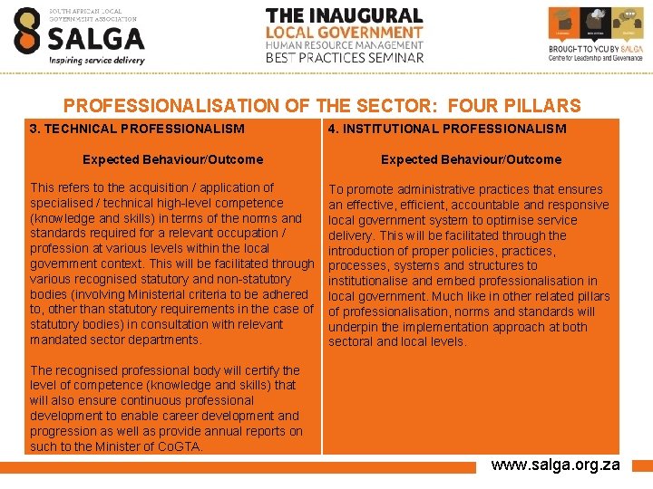 PROFESSIONALISATION OF THE SECTOR: FOUR PILLARS 3. TECHNICAL PROFESSIONALISM Expected Behaviour/Outcome 4. INSTITUTIONAL PROFESSIONALISM