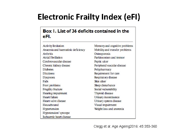 Electronic Frailty Index (e. FI) Clegg et al: Ageing 2016: 45: 353 -360 